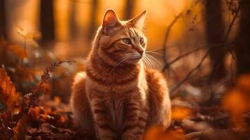 uma retrato do lindo amarelo listra doméstico animal casa gatos frio, relaxado e sentar às a ao ar livre floresta área com borrão fundo. ai gerado foto