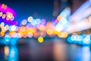 borrão ou bokeh abstrato muitos do iluminação às noite cidade fundo. Fora do foco sonhadores ocupado noite vida efeito. ai gerado foto