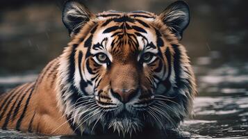 fechar acima retrato feroz carnívoro tigre olhar fixamente ou olhando às a Câmera e pegue Fora a partir de a água. ai gerado foto