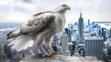 branco gyrfalcon pássaros em pé dentro a Alto terra cidade fundo. ai gerado foto