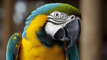 fechar acima retrato tiro do lindo azul amarelo arara papagaio pássaro cabeça. ai gerado foto