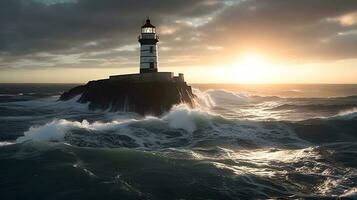 costeiro segurança às pôr do sol uma guiando torre em a costa. farol em costa às pôr do sol, com oceano ondas e nublado céu. ai gerado foto