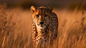 feroz carnívoro leopardo caminhando e Caçando às a savana deserto fundo. ai gerado foto