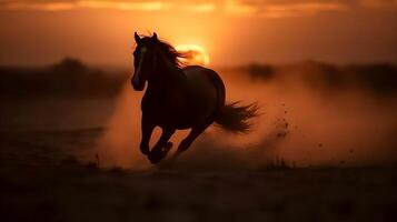 silhueta do Castanho selvagem cavalo corrida dentro a deserto, tarde pôr do sol dourado hora, natureza borrão fundo. ai gerado foto