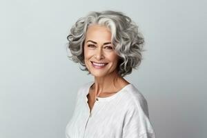 lindo idosos mulher com cinzento cabelo sorridente foto