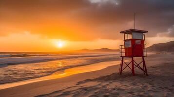 uma lindo tropical arenoso de praia com tarde dourado hora pôr do sol brilhante, e viver guarda torre, nublado céu, montanha penhasco às a fundo, Boa para fundo. verão de praia. ai gerado foto