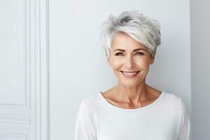 lindo idosos mulher com cinzento cabelo sorridente foto