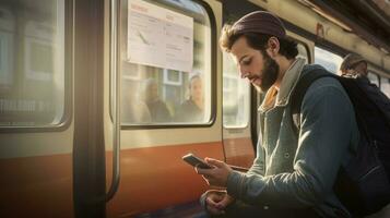 feliz jovem homem com Smartphone dentro metrô foto