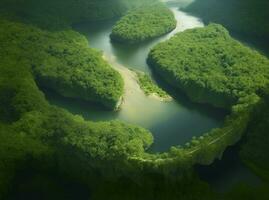 a aéreo Visão do a Amazonas floresta tropical e rio às a pôr do sol Como generativo ai foto