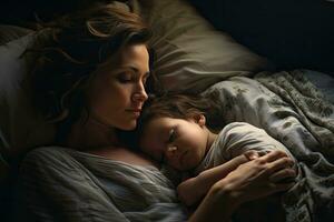 mãe e filha dormindo dentro cama. maternidade, maternidade, família conceito. uma mãe com dela bebê filho deitado dentro a cama, ai gerado foto