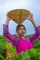 uma chá jardim agricultor posando entre a chá folhas enquanto segurando uma chapéu e bambu cesta foto