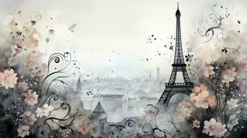 aguarela fino Preto esboço flores dentro a primeiro plano contra uma desbotado enevoado fundo do Paris foto