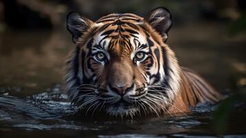 fechar acima retrato feroz carnívoro tigre olhar fixamente ou olhando às a Câmera e pegue Fora a partir de a água. ai gerado foto