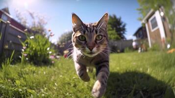 uma cinzento listra doméstico casa gato olhando e caminhando para a Câmera às a quintal terra nível Câmera borrão natureza fundo e brilhante ensolarado dia. ai gerado foto