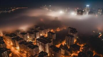 lindo metropolitano cidade arranha-céu Alto subir construção dentro a noite enevoado nebuloso ambiente, ocupado noite vida, iluminar luz, aéreo visualizar, cidade panorama. ai gerado foto