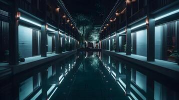 brilhantemente iluminado oriental japonês apartamento às noite com contemporâneo arquitetura, ampla natação piscina. ai gerado foto