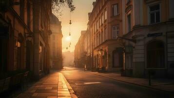 cidade ruas às tarde pôr do sol dourado hora, Sombrio beco, deslumbrante arquitetura, cativante estrada. ai gerado foto