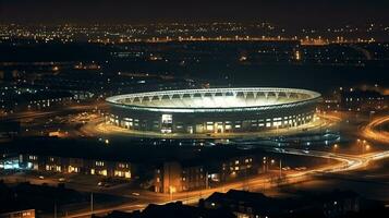 Visão do futebol estádio construção às noite ,futebol estádio às noite , generativo ai foto