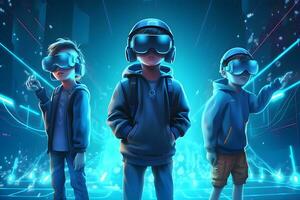 jogador vestindo virtual realidade óculos em futurista azul néon fundo , generativo ai foto