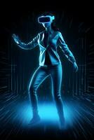dançando jogador pessoa vestindo virtual óculos em azul néon fundo , generativo ai foto
