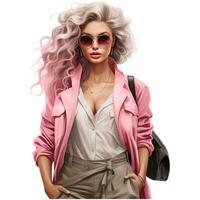 Barbie moda, lindo Loiras mulher dentro uma retrato vestindo uma Rosa na moda equipamento ai generativo foto