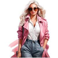 Barbie moda, lindo Loiras mulher dentro uma retrato vestindo uma Rosa na moda equipamento ai generativo foto