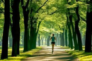 uma pessoa corrida dentro uma parque, desfrutando seus diariamente exercício rotina foto