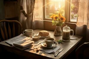 manhã café e jornal em uma acolhedor café da manhã mesa. foto