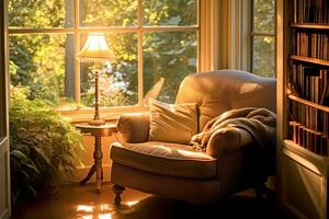 uma relaxante dentro uma confortável poltrona de uma janela, com suave luz solar transmissão em. foto