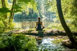 pessoa praticando ioga dentro uma pacífico ao ar livre contexto, conectando com natureza. foto