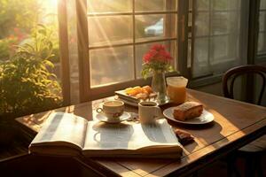 manhã café e jornal em uma acolhedor café da manhã mesa. foto