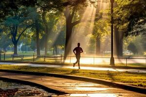 uma pessoa corrida dentro uma parque, desfrutando seus diariamente exercício rotina foto