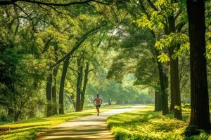 uma pessoa corrida dentro uma parque, desfrutando seus diariamente exercício rotina foto