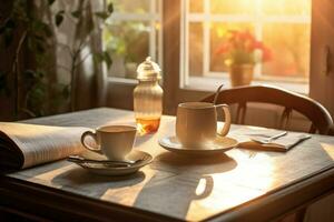 manhã café e jornal em uma acolhedor café da manhã mesa. foto