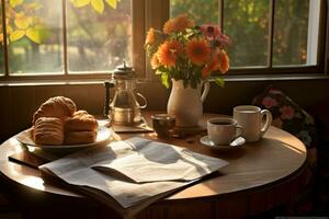 manhã café e jornal em uma acolhedor café da manhã mesa. foto