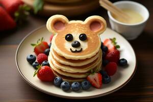 Diversão criança café da manhã, panqueca Urso sorridente face com vários frutas. foto