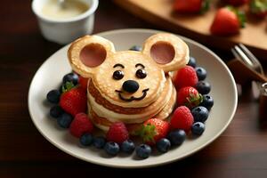 Diversão criança café da manhã, panqueca Urso sorridente face com vários frutas. foto