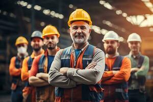 engenheiro equipe cheio profissional qualidade para armazém oficina para fábrica operadores, mecânico Engenharia grupo do arquitetos e engenheiros às uma construção local sorridente. ai gerado foto