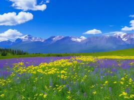 flores silvestres dentro uma Prado com montanhas dentro a fundo ai gerado foto