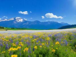 flores silvestres dentro uma Prado com montanhas dentro a fundo ai gerado foto