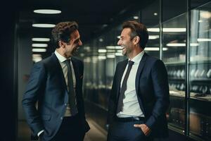foto dois homem de negocios dentro uma terno é falando e sorridente dentro a escritório sala. generativo ai