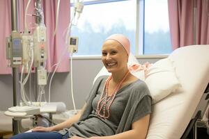 foto do Câncer paciente é sorridente dentro a tratamento sala. generativo ai