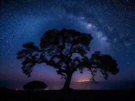 uma majestoso árvore recortado contra uma pano de fundo do a grande noite céu preenchidas com estrelas ai gerado foto