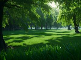 uma verde gramíneo campo com árvores e Relva ai gerado foto