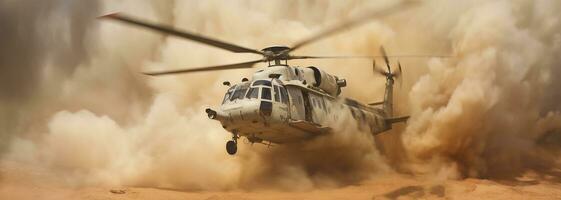 generativo ai, militares helicóptero leva fora dentro Grosso poeira nuvens. foto