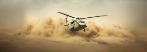 generativo ai, militares helicóptero leva fora dentro Grosso poeira nuvens. foto