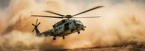 generativo ai, militares helicóptero leva fora dentro Grosso poeira nuvens. foto