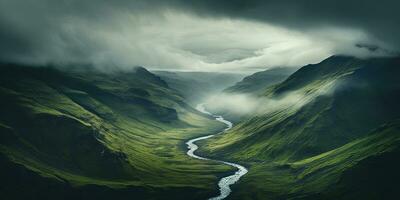 generativo ai, cênico verde colinas dentro a nuvens, lindo natureza panorama aéreo panorama, montanhas, aéreo fotografia foto