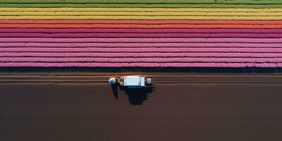 generativo ai, Fazenda colorida paisagem, agrícola Campos, lindo interior, país estrada. natureza ilustração, topo Visão drone, horizontal bandeira. foto