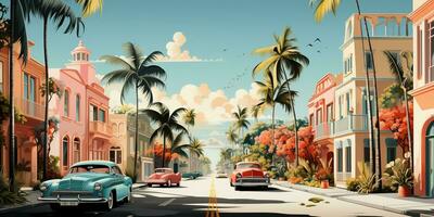 generativo ai, miami verão vibrações retro plano Matisse ilustração. vintage Rosa e azul cores, edifícios, Califórnia Palmeiras, anos 80 estilo foto